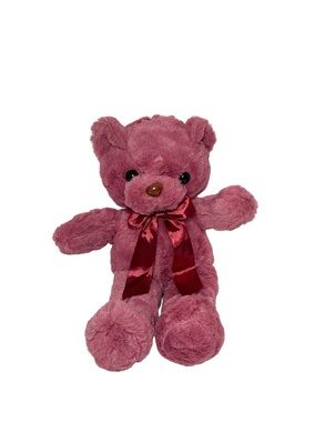 Dark Pink Teddy Bear Plush 11.8” Soft Stuffed Animal with Red Satin Bow